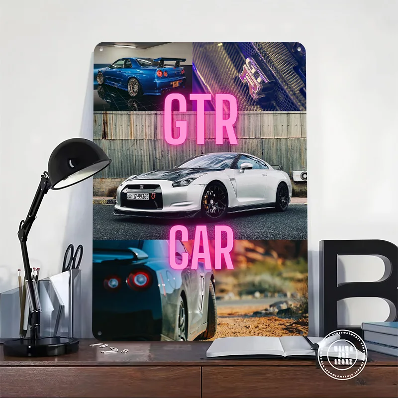 Sports Car GTR Car Collage Tin Plaque Poster Customized Wall Art Retro Vintage Metal Signs for Room Bedroom Decorations Man Cave