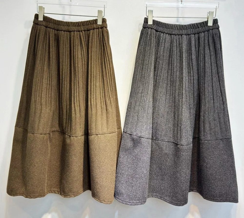 2026 Autumn Winter Fashion Long Skirt High Quality Wool Women Elastic Waist Casual Warm Grey Khaki A-Line Basic Skirt Clothing