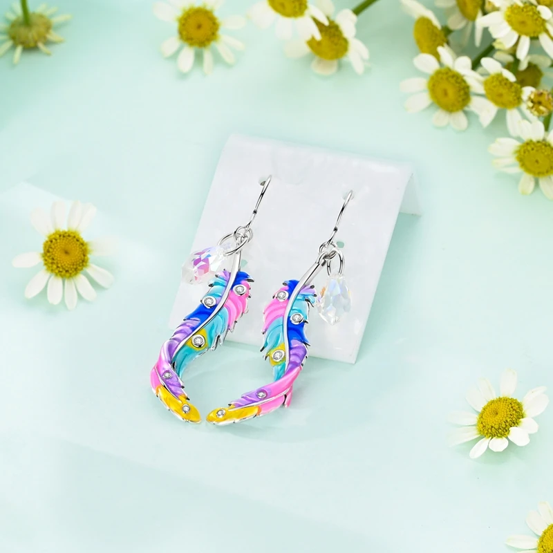

925 Sterling Silver Earrings Women Sparking Colorful Feather Drop Earring For Anniversary Wedding Jewelry Gifts