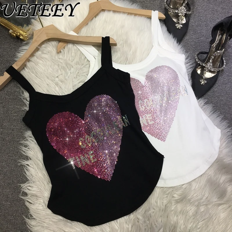 

Heavy Embroidery Hot Drilling Vest Women Shiny Lovely Irregular Cotton Inner Camisole Elastic Slim Fit Top Y2k Worn Four Seasons