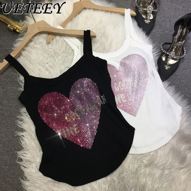 Heavy Embroidery Hot Drilling Vest Women Shiny Lovely Irregular Cotton Inner Camisole Elastic Slim Fit Top Y2k Worn Four Seasons