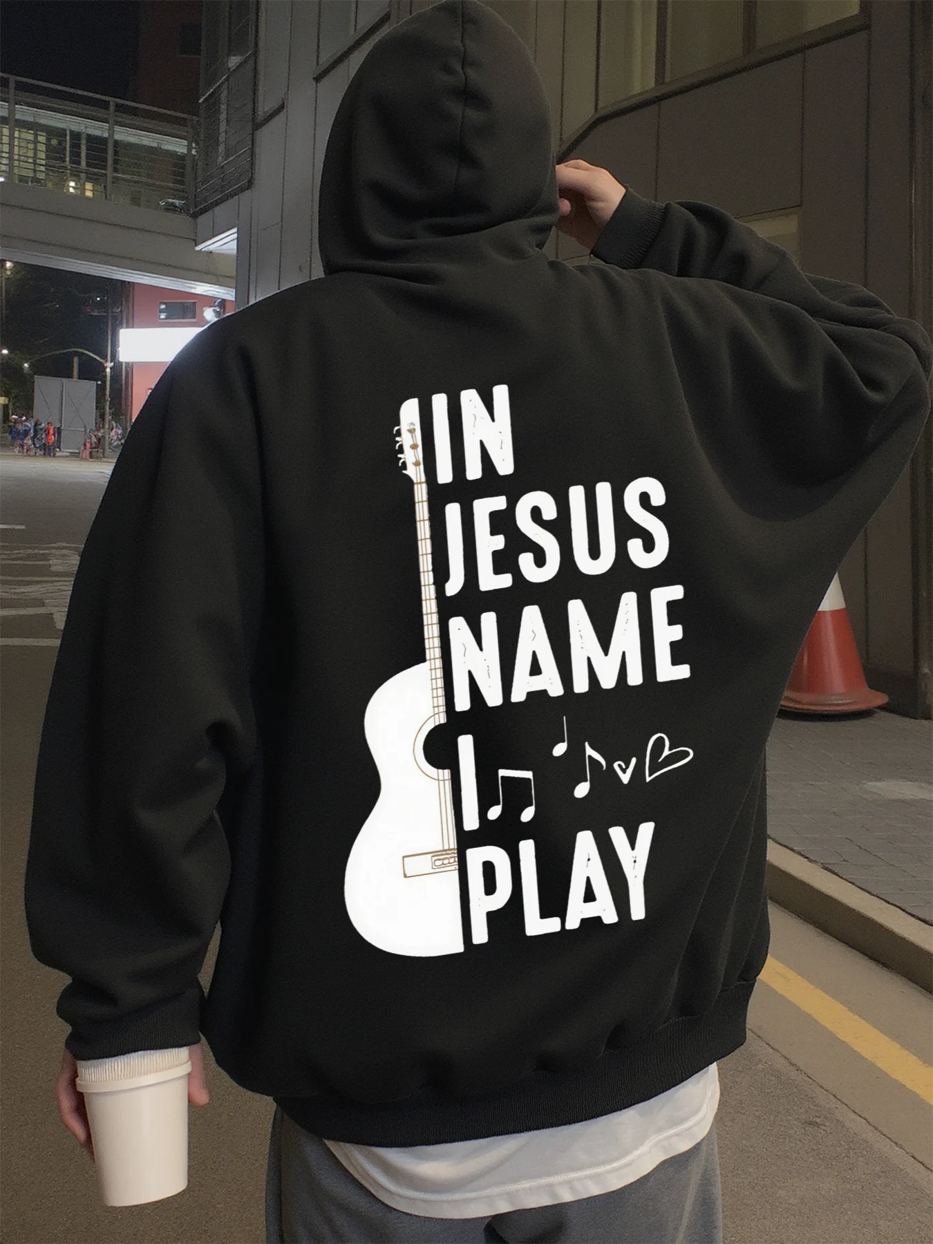 Sweat à capuche pour hommes, streetwear, sweat à capuche graphique imprimé "In Jesus Name Play Guitar" pour hommes, adapté aux sweats de printemps, d'automne et d'hiver