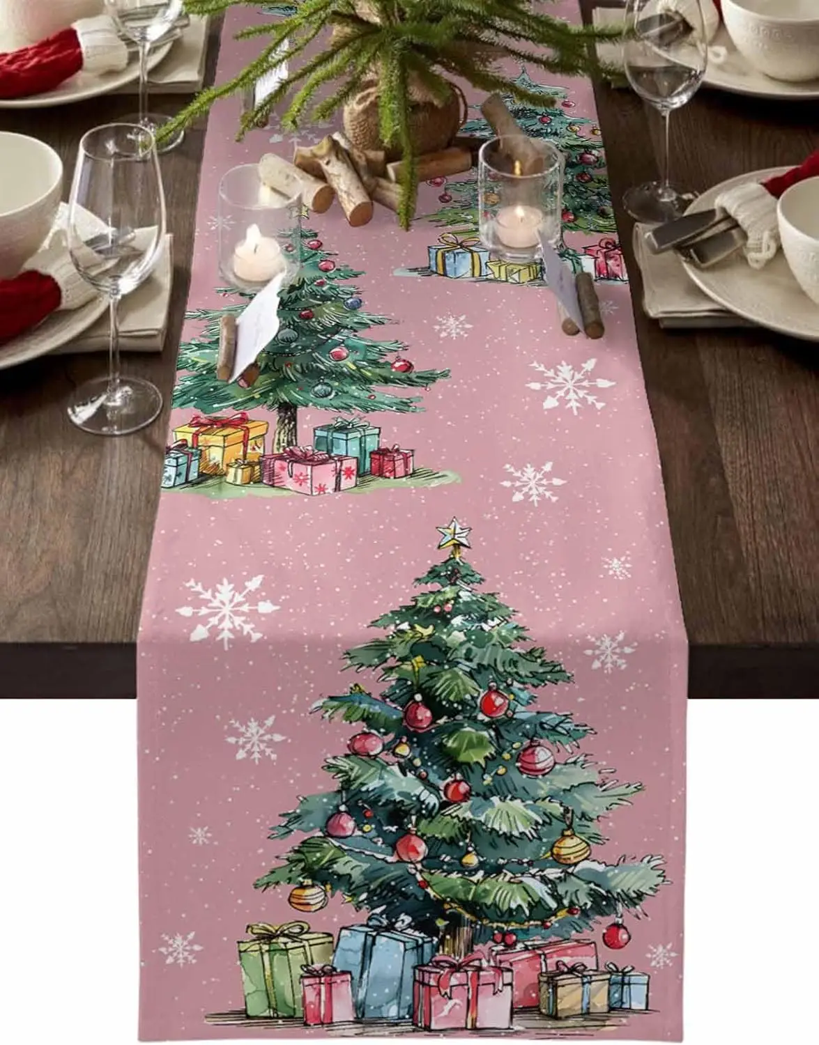 Christmas Tree Snowflakes Linen Table Runner Party Decor Reusable Winter Xmas Kitchen Dining Table Runners Christmas Decoration