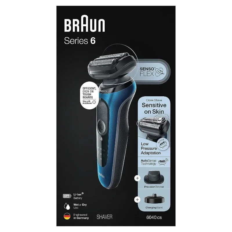 Braun Series 6 6040cs Electric Shaver with Charging Stand, Precision Trimmer, Wet & Dry, Rechargeable, Cordless Foil Shaver,Blue