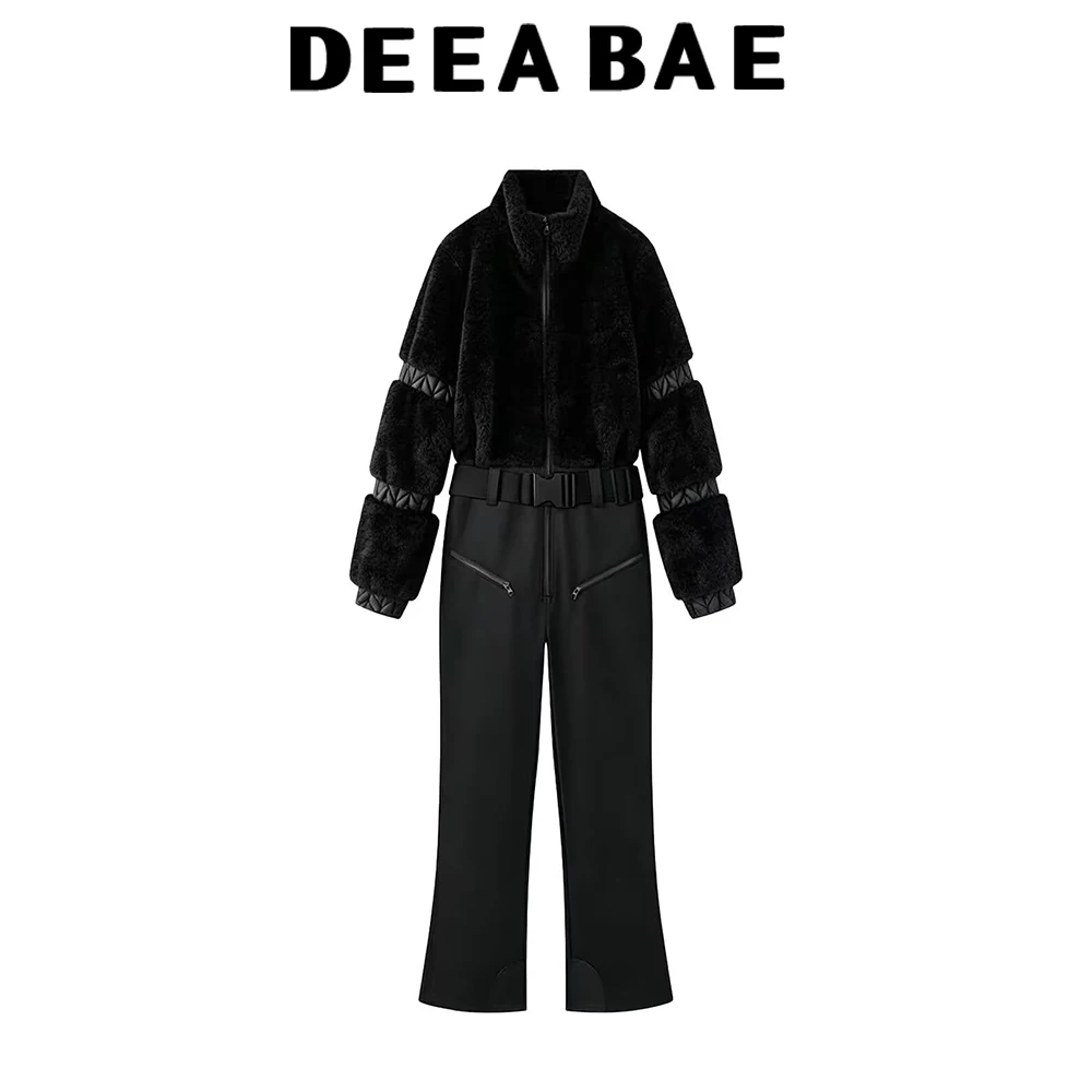 DEEABAE Women's 2026 new autumn outfit fashionable long sleeved high neck thick patchwork zipper jumpsuit ski suit