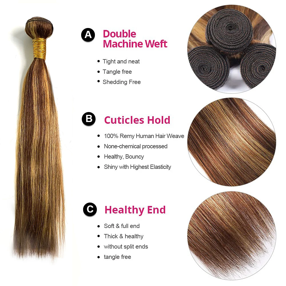 Extensiones de cabello humano virgen brasileño, mechones de cabello liso, rubio miel, doble trama, resaltado, P4/27, 3 mechones