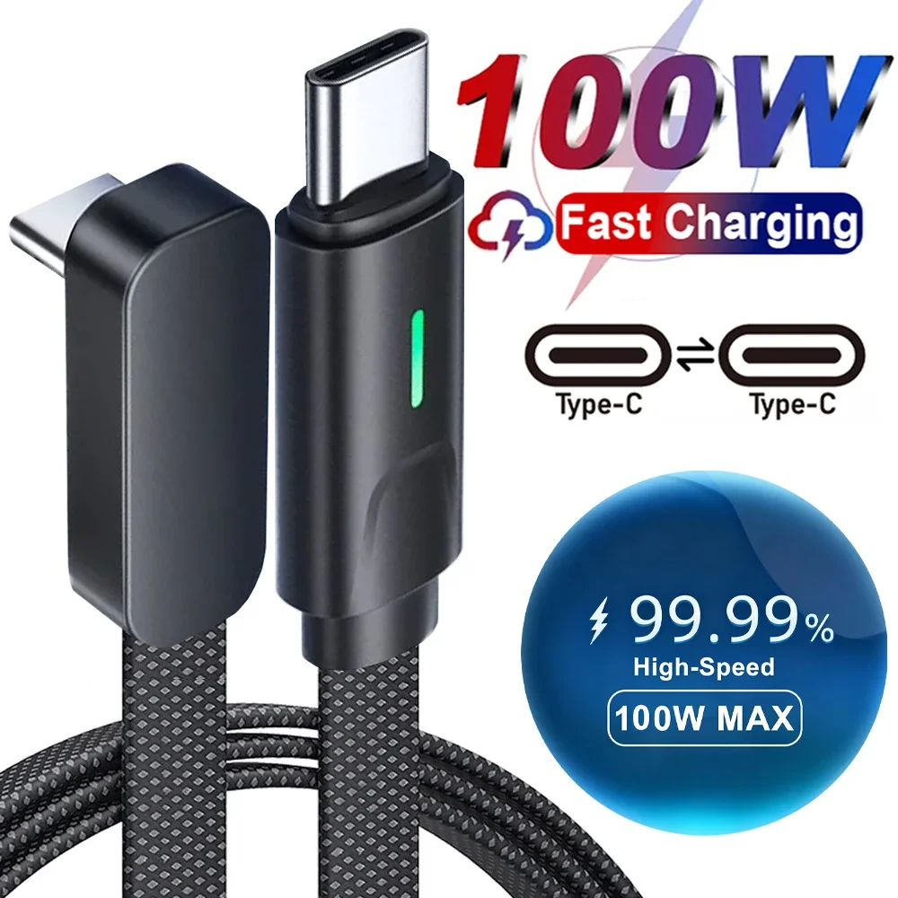 100W USB C to Type C Fast Charging Cable 90 Degree Dual Elbow L-Shape Flat Nylon Braided Cord for iPhone Samsung Xiaomi Huawei