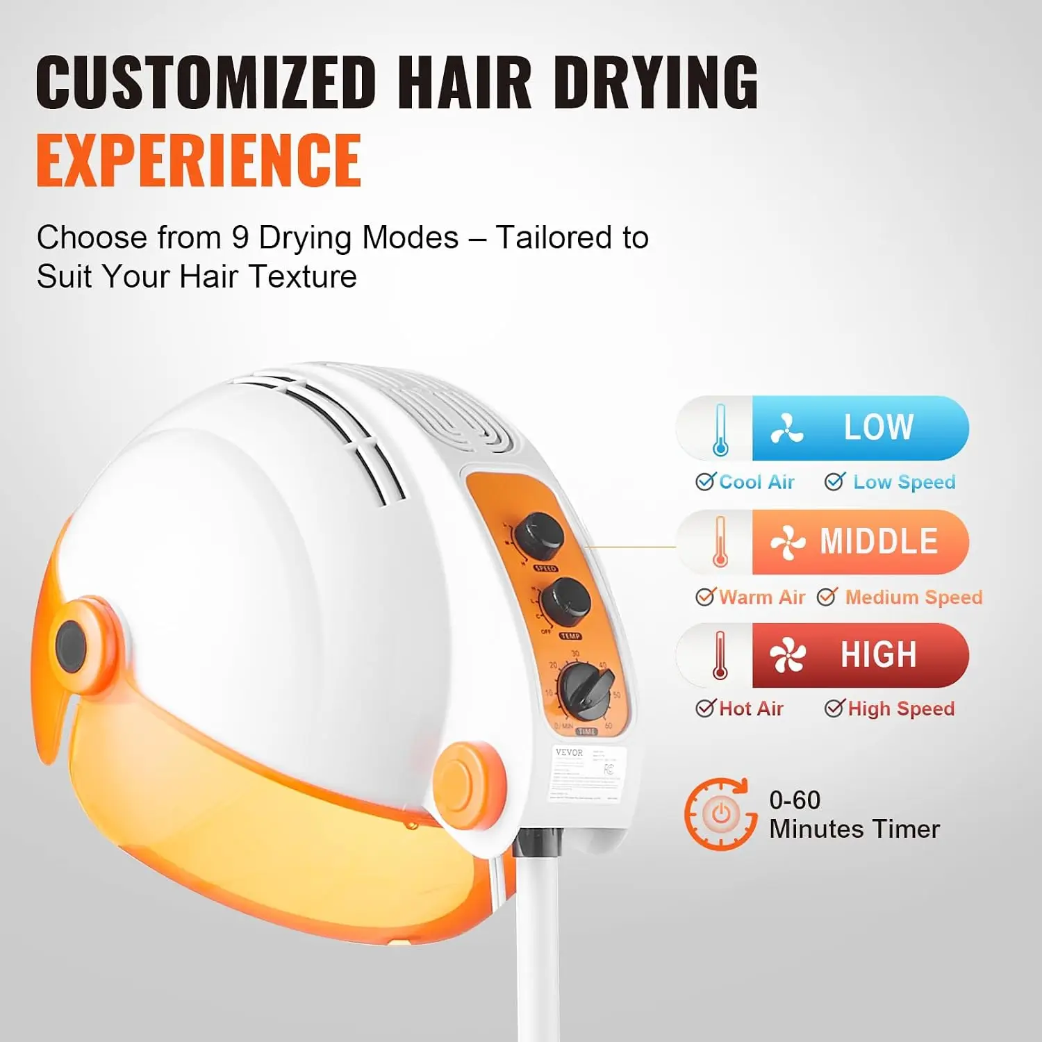 1875W Hooded Bonnet Dryer with Variable Speed, Temperature, Timer, and Wheels for Beauty Salon and Home Spa
