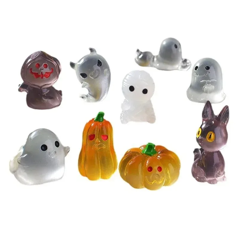 9Pcs Halloween Ghost Festival Mini Fluorescent Figurines Luminous Pumpkin Ghost Ornaments Micro Landscape Decor