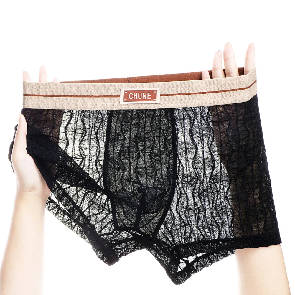 Men Textured Striped Sheer Lingerie Loose Boxer Shorts Stretch Underwear Mesh Bikini Stretch Sleepwear Quick Dry Underpant Trunk