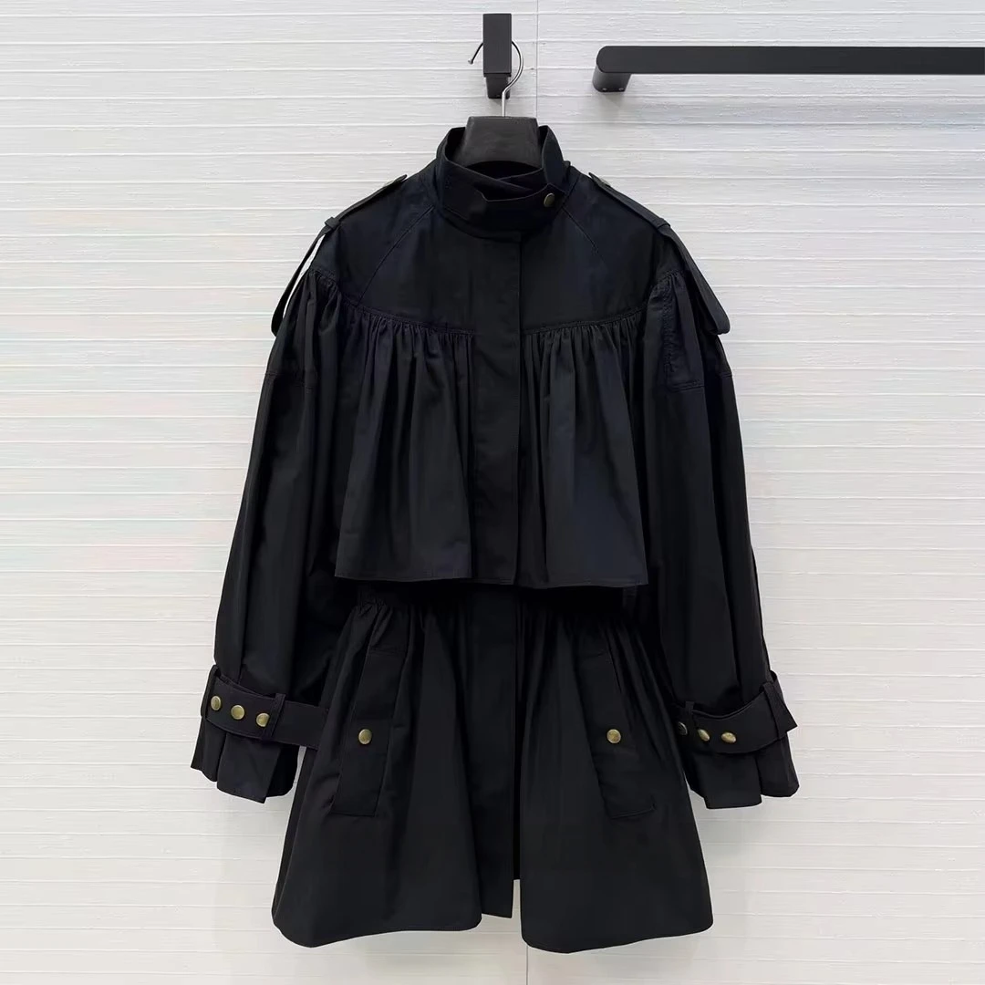 2026 New Autumn Drop Shoulder Lantern Sleeve Pleated Court Style Retro Long Trench Coat Women Elegant Fashion Slim Waist Outwear