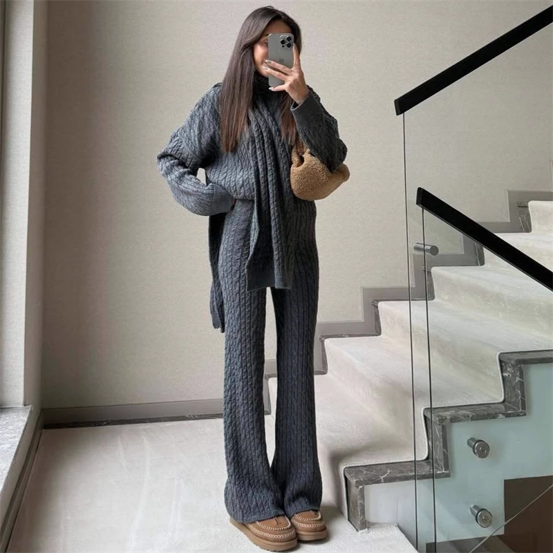 Knitwear Sweater 2 Piece-Set Women's Pants Outfits For Women Turtleneck Ribbed Loose Pullover And Wide Leg Trousers Sets