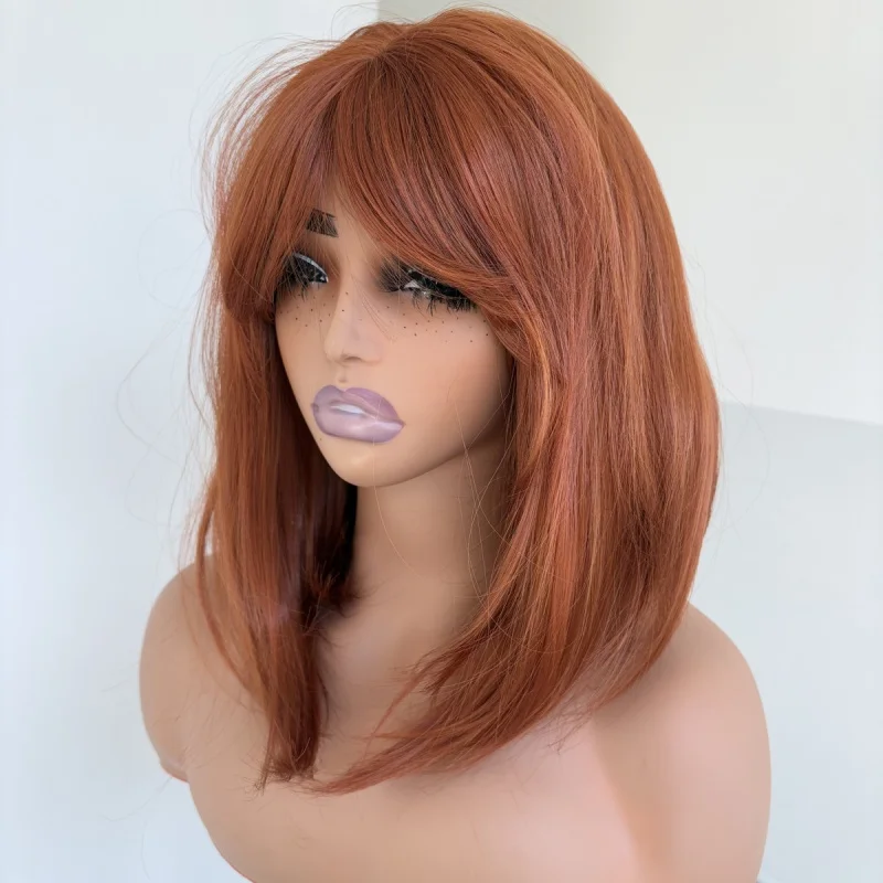 

Cosplay Party Wigs With Fringe Heat Resistant Hair Copper Red Bob Straight