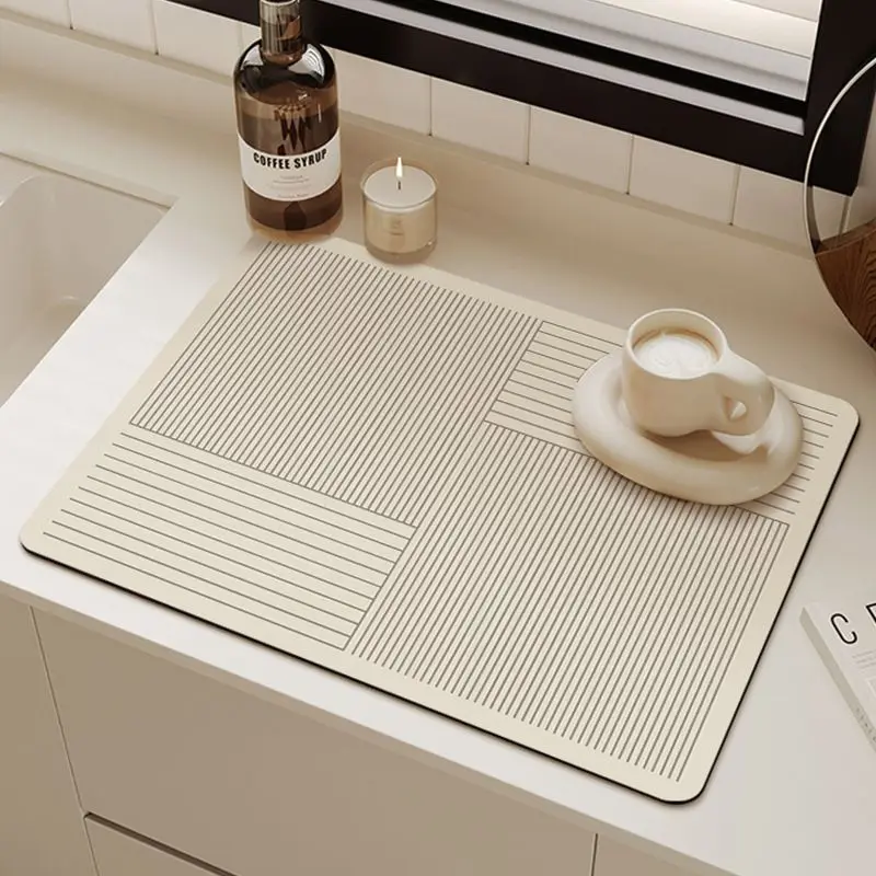 Rice White Geometric Block Pattern Kitchen Drainage Mat, Anti Slip Coffee Machine Tableware, Kitchen Countertop Protection Mat