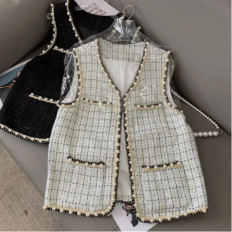 2023 Autumn New All-Matching Slim Fit Solid Vest Tweed Waistcoat Jacket Vest Women V Neck Pearl Button Spring Cardigan Female