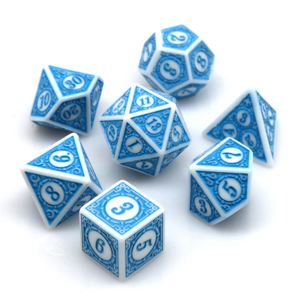 7Pcs White Blue Acrylic Polyhedral Dice Set Retro Pattern DND RPG Dice For Tabletop Role Playing Board Game Accessories