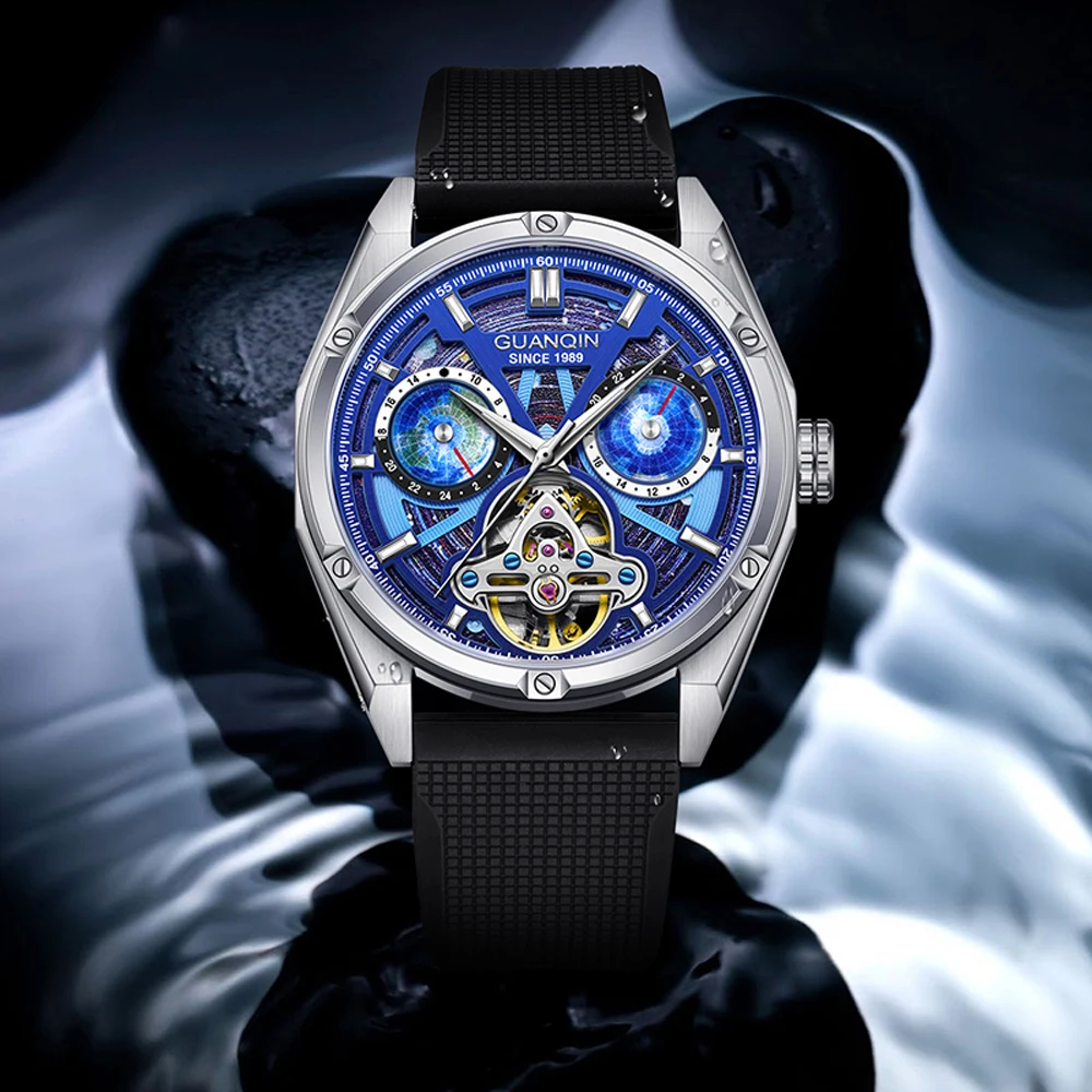 GUANQIN Mens Watches Top Luxury Mechanical Wristwatches Automatic Watch For Men Sapphire Mirror Waterproof Silicone Sports Clock