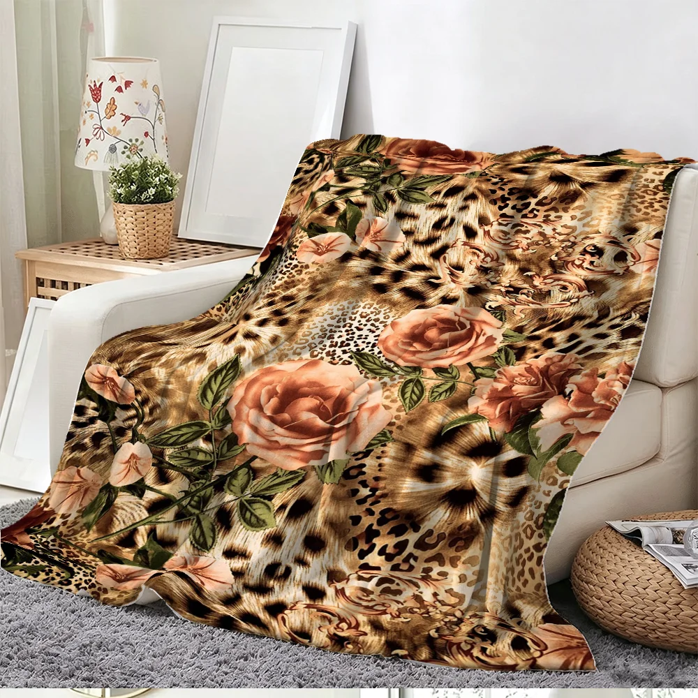 Leopard Print Floral Rose Blanket Fleece Throw Soft Cozy Bed Cover Home Decor