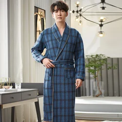 Three layers thin cotton robes men's pajamas plaid print lapel collar and gold trim for casual and fashionable men's bathrobes