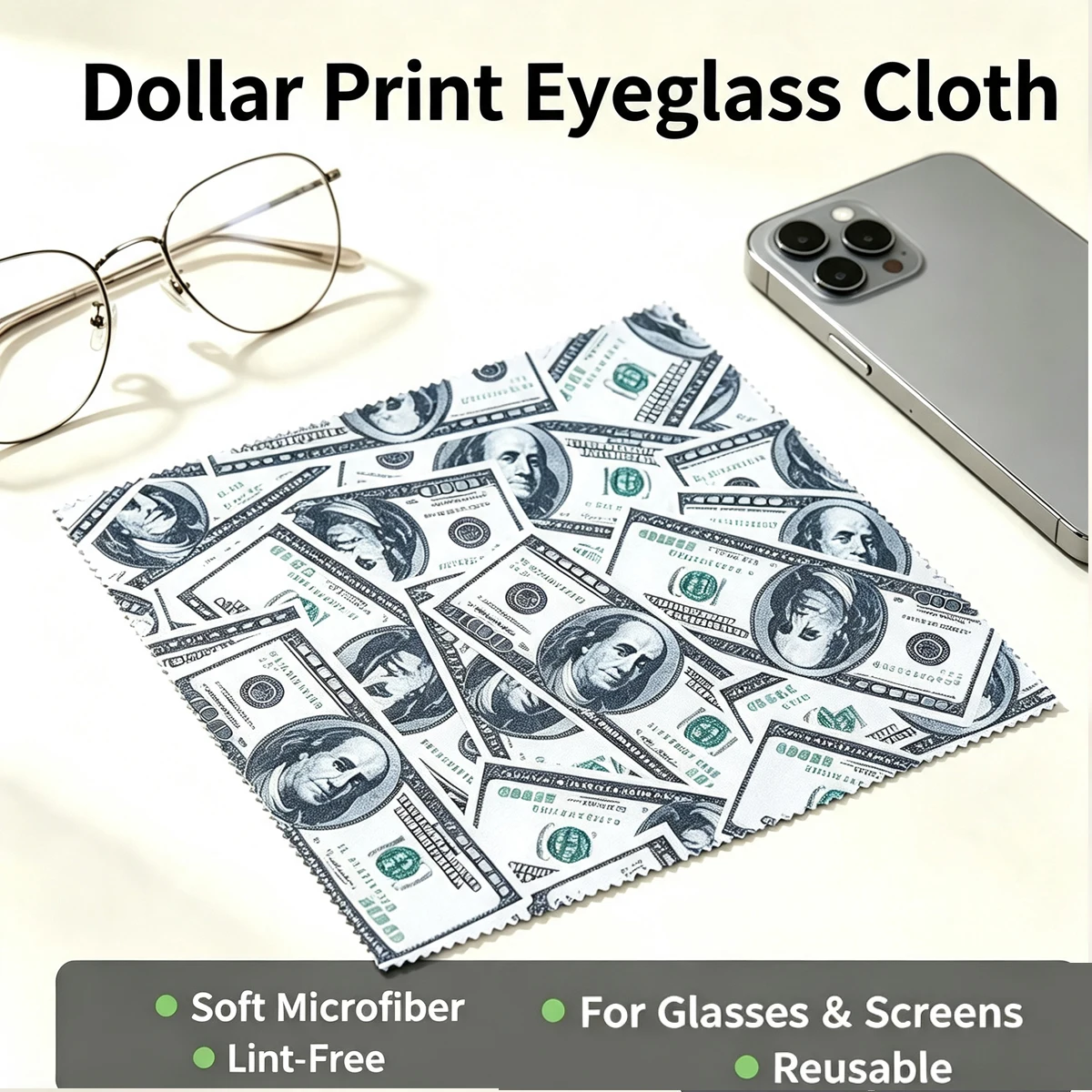 Dollar Print Microfiber Glasses Cleaning Cloth  Soft Reusable Lens Wipe Cloth for Eyeglasses Sunglasses Phone Camera Screen