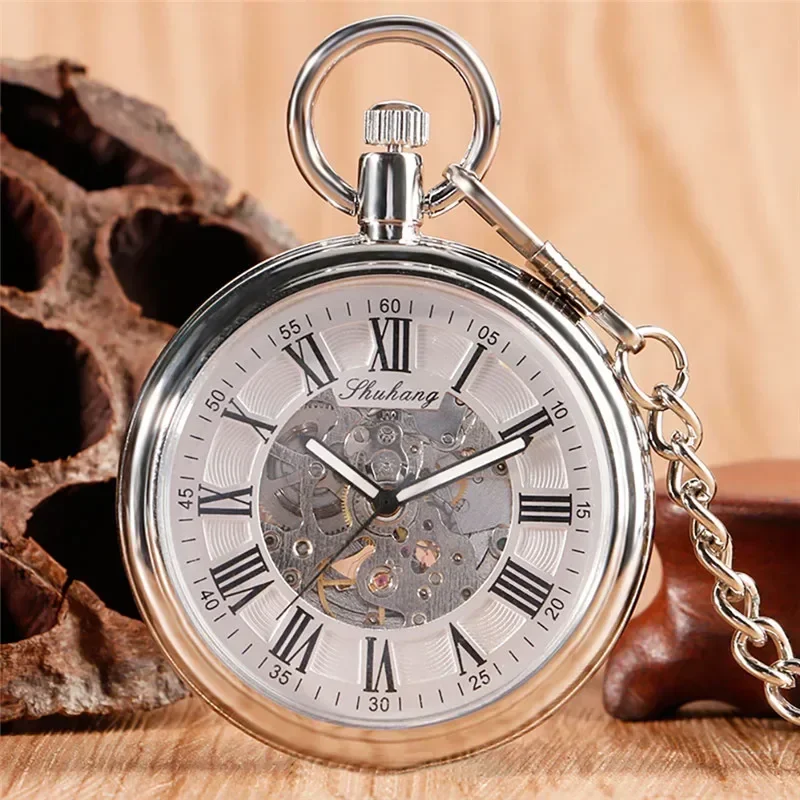 Antique Style Open Face Pocket Watch Unisex Automatic Mechanical Watches with Luminous Hands Roman Number Design Pendant Chain