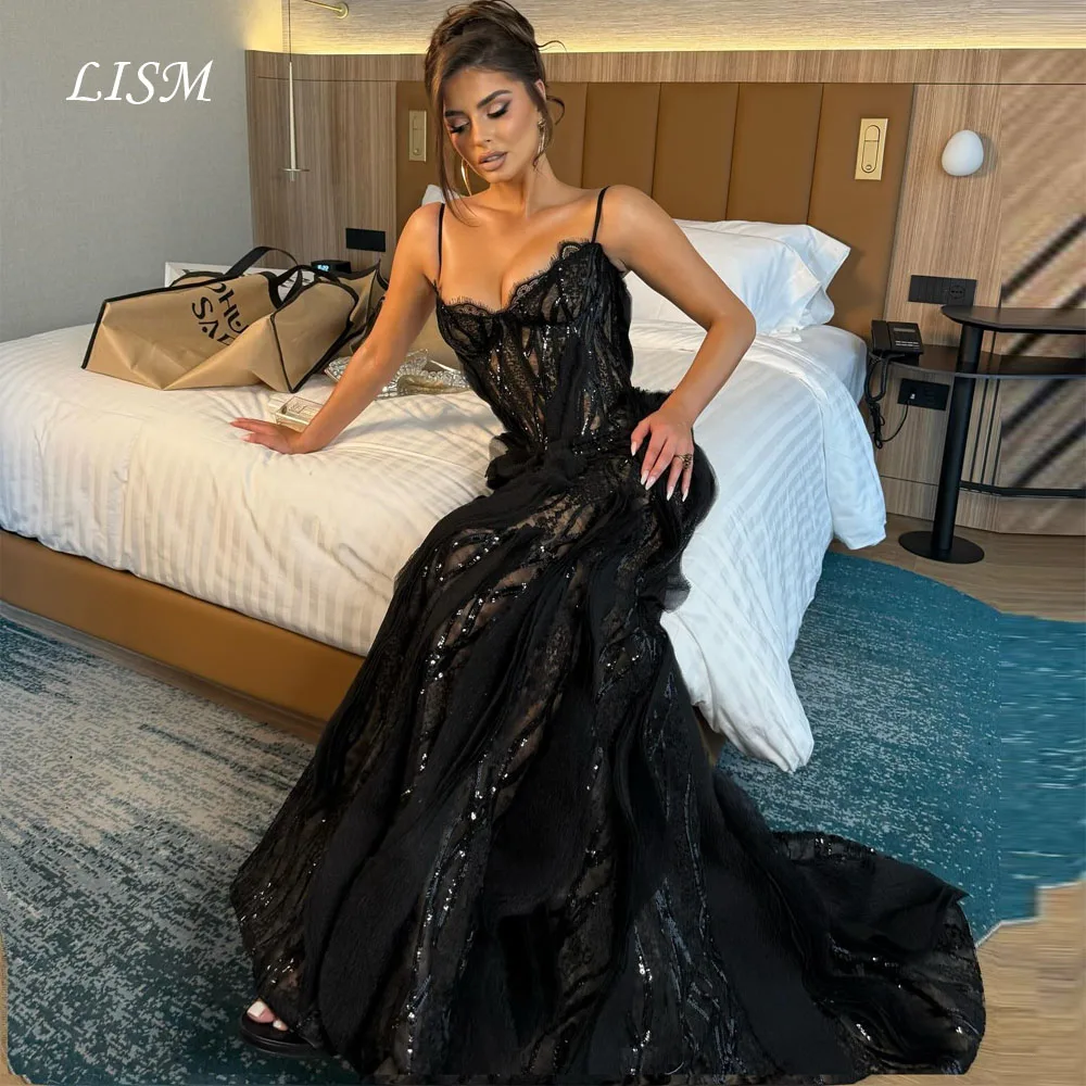 LISM 블랙 스윗하트 머메이드 이브닝 드레스 실크 레이스 럭셔리 모던 프롬 가운 공식 행사 파티 맞춤형 로브 드 소와레