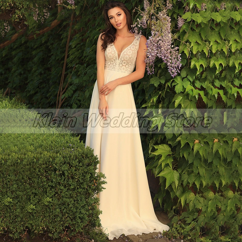 Weilinsha-Robe de Mariée Trapèze en Mousseline de Soie pour Femme, Tenue Personnalisée, Style Boho, Col en V, Dentelle, Forme en Fibre, avec Balayage, Train, Baume, Tima Ma