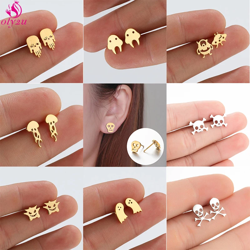 Fancy Cartoon Flatback Skull Stud Earrings For Women Small Stainless Steel Gold Plated Elf Ears Vintage Earrings Accessories