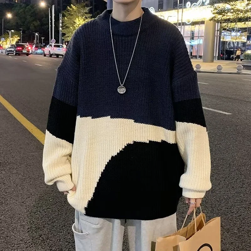 

Autumn Men's O-neck Pullovers Knitted Sweater Korean Fashion Colorblock Jersey Hombre Casual Baggy Hip Hop Y2K Vintage Sweaters