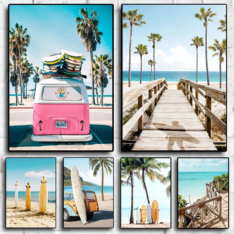 Nordic Beach Poster Summer Beach Surfing Swimming HD Posters Diamond Paintings And Prints Wall Art For House Room Decor Framel