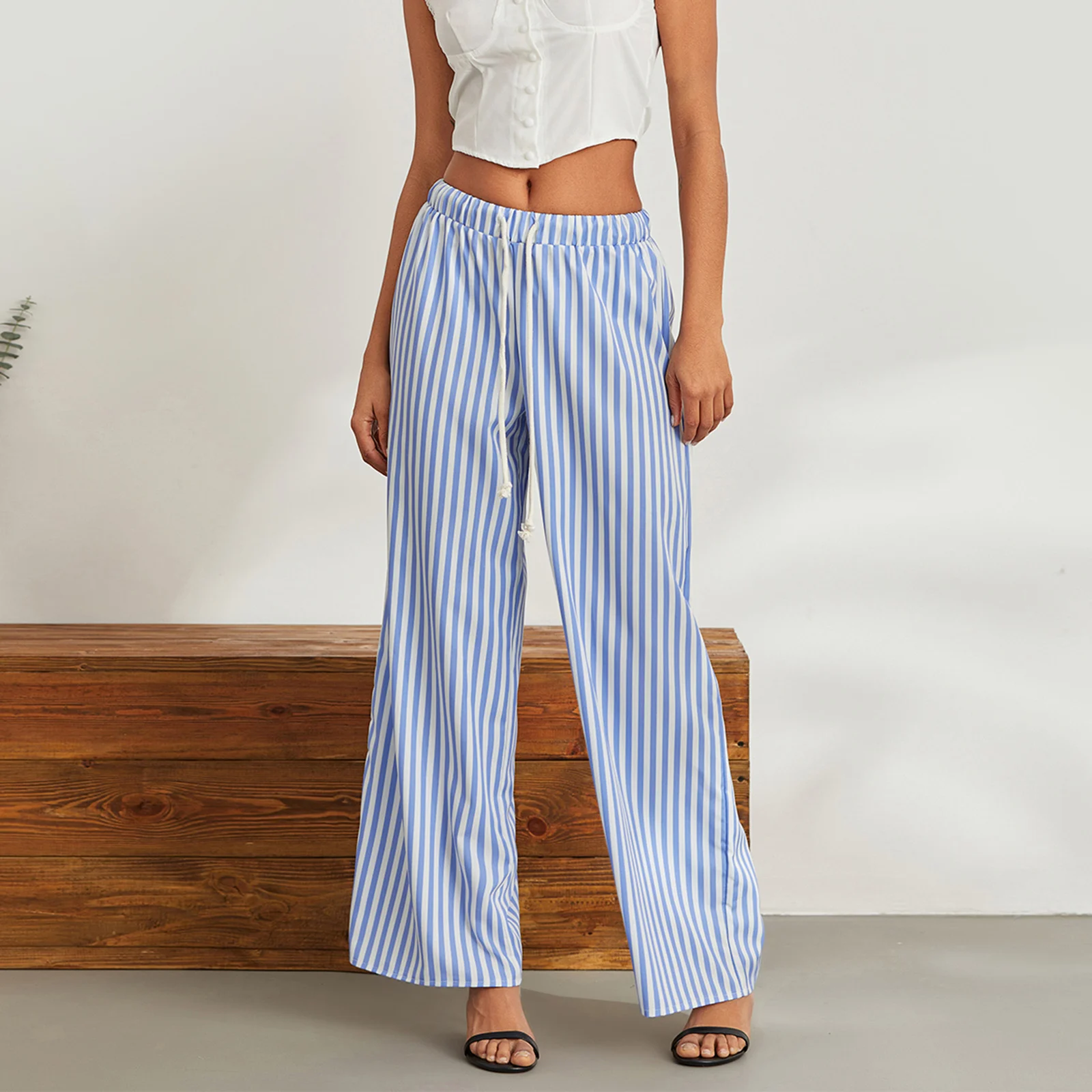 

Women Casual Pants Loose Elastic Waist Stripe Plaid Trousers Y2k Fashion Lounge Pants Work Office Streetwear