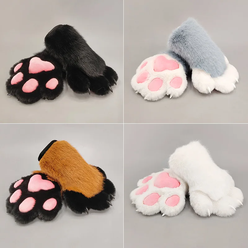 ふわふわ毛皮のような猫の足手袋ソフトぬいぐるみ動物の足ミットビッグピンクパッドコスプレハロウィンパーティーコスチュームアクセサリー