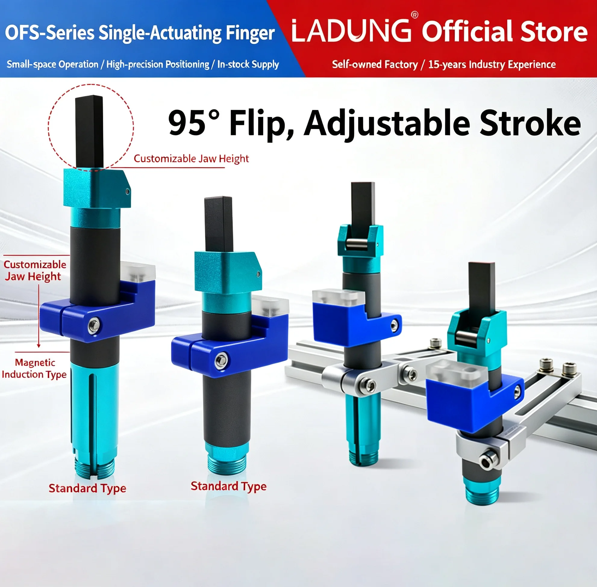 robotic-arm-pipe-clamp-air-finger-dofr2095-adjustable-finger-cylinder-ofs-95-pneumatic-finger-flick-lever-has-a-95-degree-angle