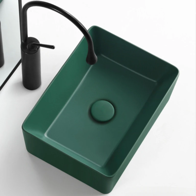 

36cm/40cm/47cm Frosted Matte Green Ceramic Washbasin Home Balcony Square Bathroom Sink Nordic Modern Mini Vessel Basin Faucet