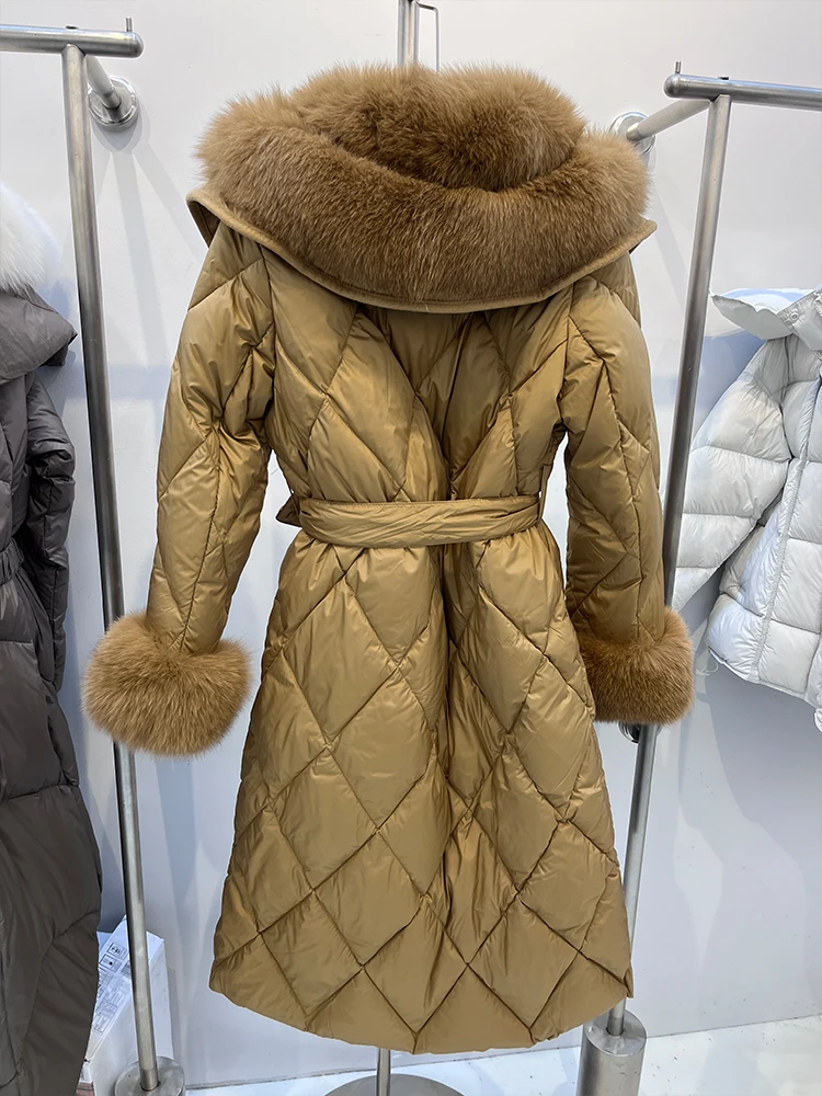 New Fashion Winter Women Long Goose Down Jacket Natural Real Big Fox Fur Collar Thick Warm Belt Parka Coat Luxury Fur Coat