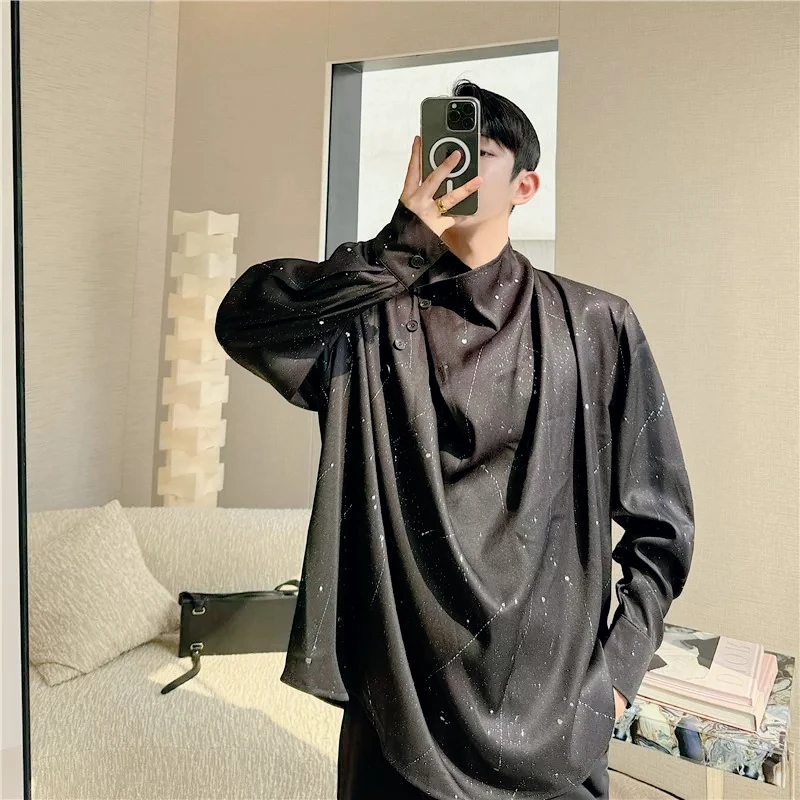 Personalized shirt men NEW Asymmetrical Stand Collar Glitter Pullover Shirt | Dark Aesthetic Drape Design, Edgy Stylish for Men