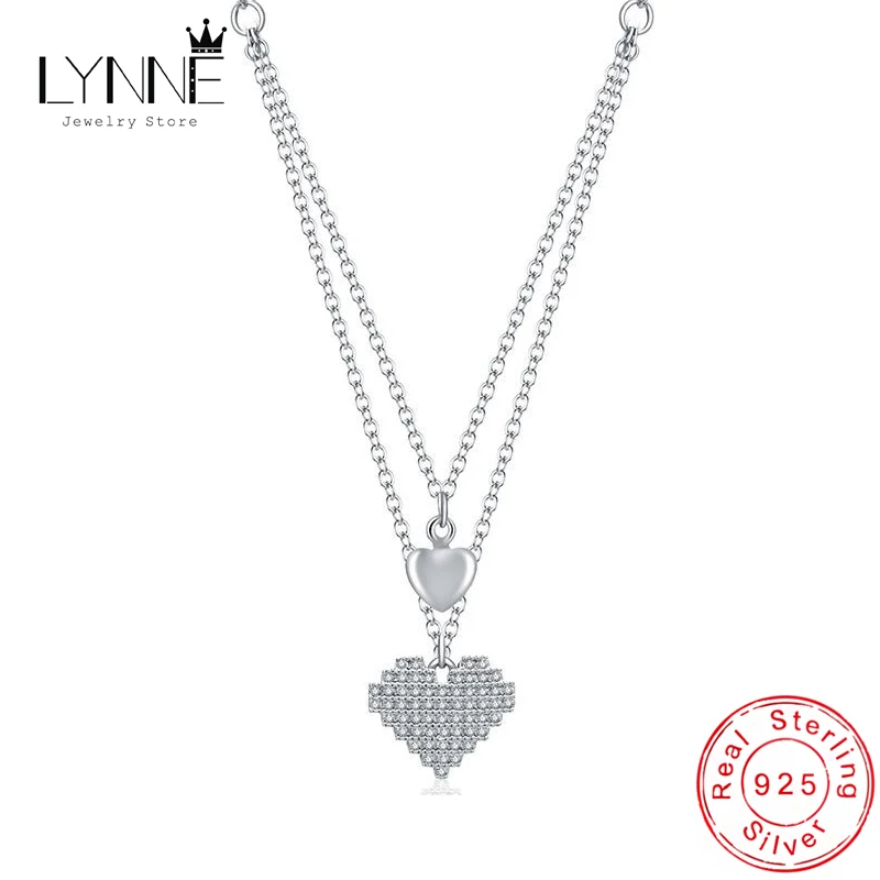 

New Fashion 925 Sterling Silver Double Layer Heart CZ Pendant Necklaces Women Jewelry Gift Love Zircon Decoration Clavicle Chain