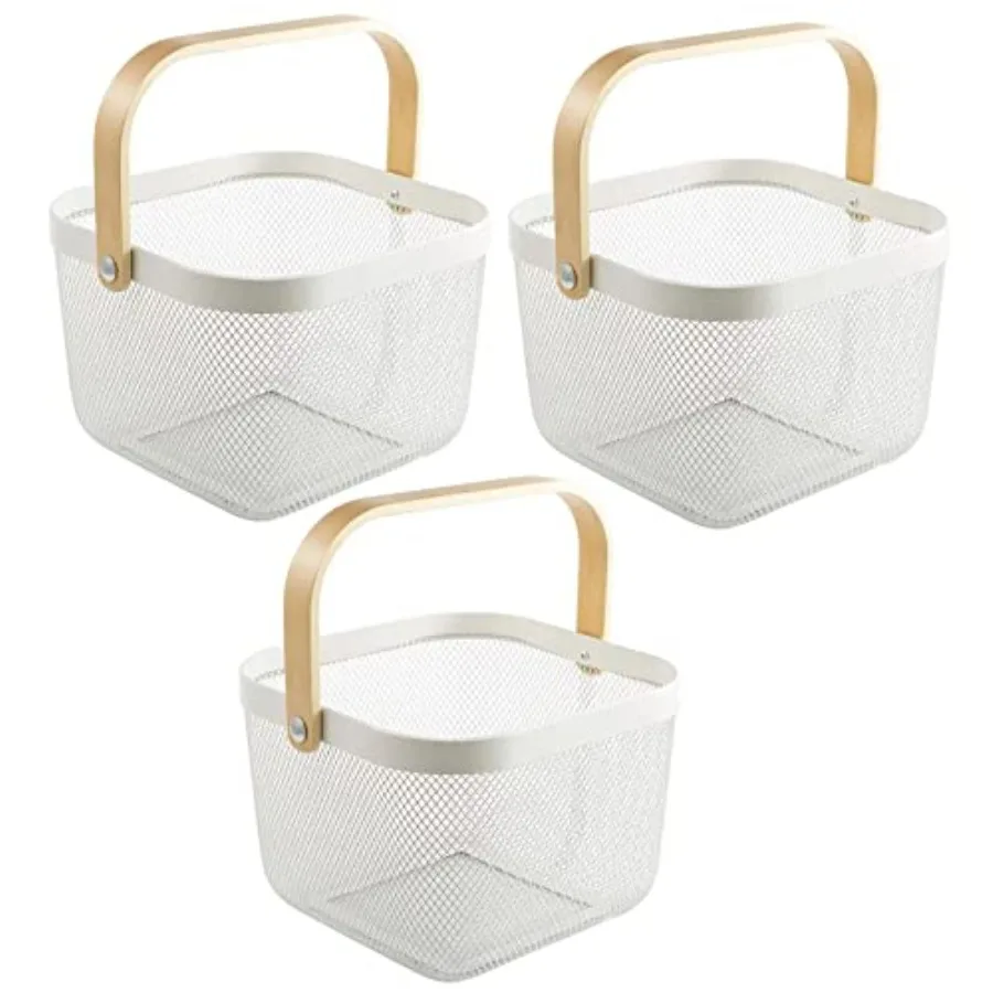 

3 Pack Metal Mesh Steel Basket, Storage Organizer Basket Multi-function Hanging Kitchen Baskets Fruit Basket Bin with Wood Hand