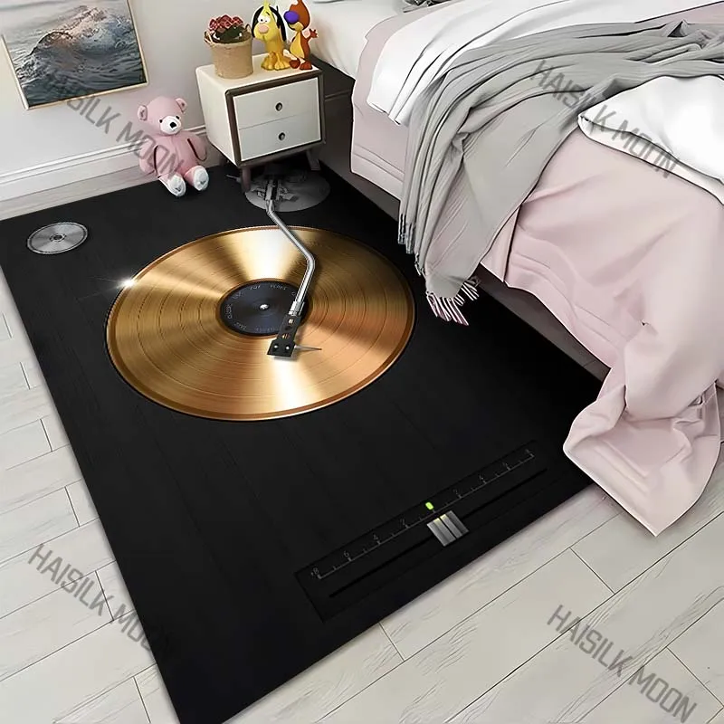 Golden vinyl record turntable tonearm Print Carpet for Living Room Bedroom Sofa Home Decor Rus Non-slip Floor Mat Luxury Gift