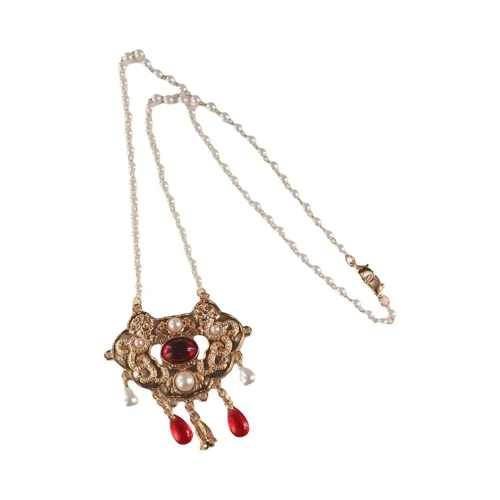 Luxury Chain Choker Vintage Hanfu Necklace Flower Collar Longevity Lock Pendant Chinese Style Bell Ruyi Pearl Choker Party