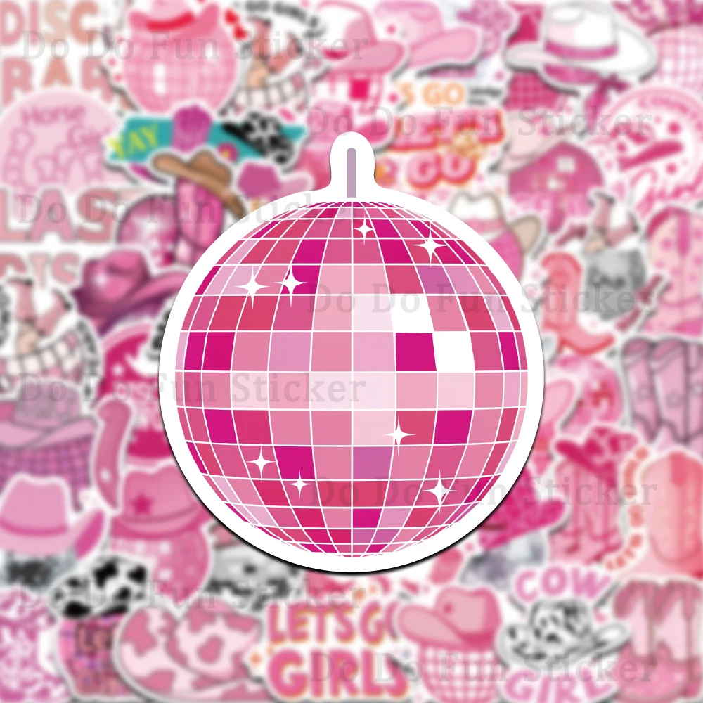 50 Uds. De pegatinas de vaquera de discoteca rosa modernas a la moda de dibujos animados, botas artísticas impermeables de PVC, lámpara, bola, sombrero de vaquero, libro creativo DIY para ordenador portátil
