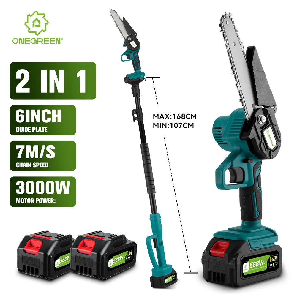 ONEGREEN 3000W 6 Inch Telescoping Pole Electric Chainsaw 2 IN 1 High Branch Garden Pruning Power Tool For Makita 18V Battery