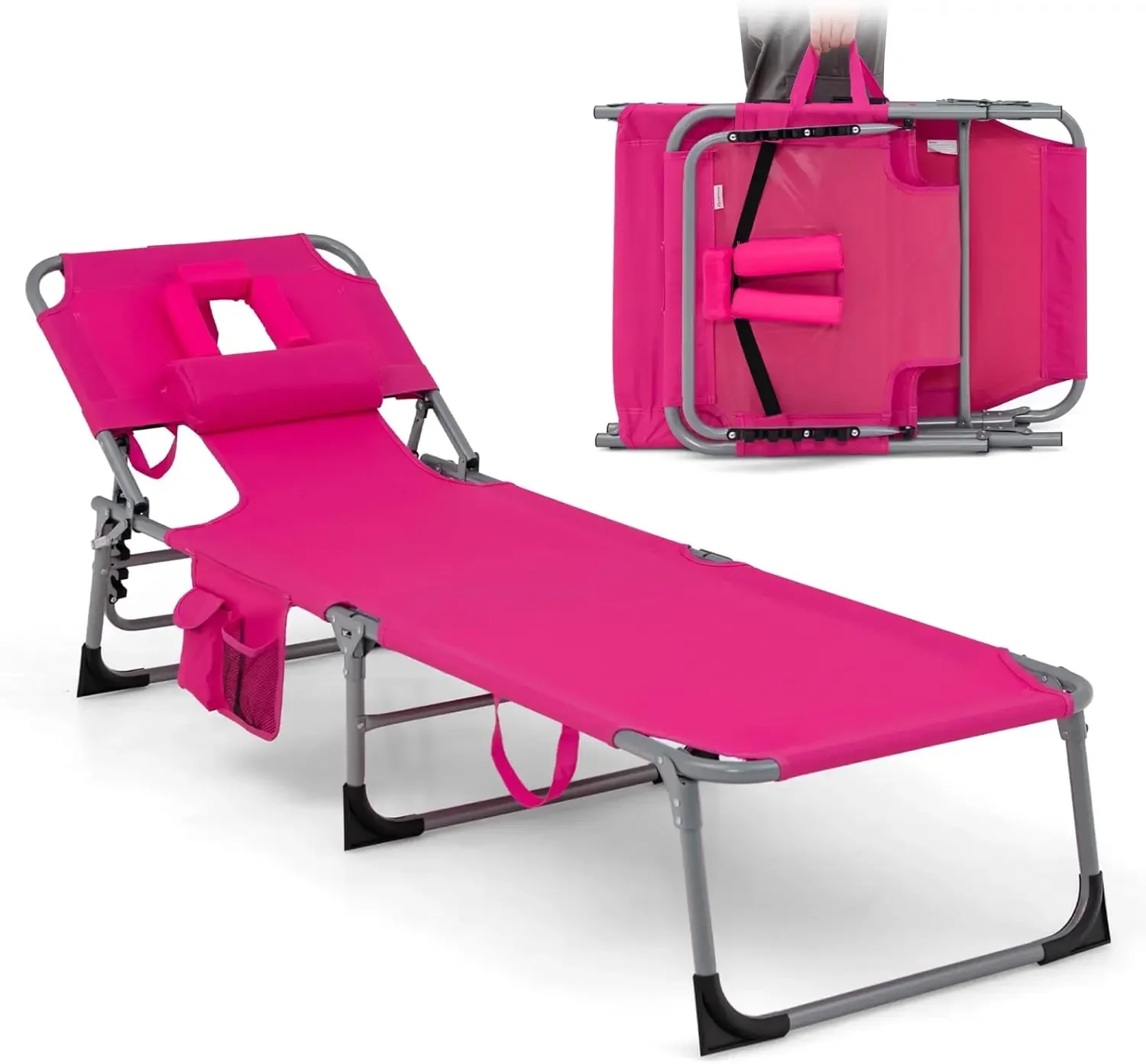 

Chair, Folding Adjustable Patio Lounge Chair with Face Hole, Removable Pillow, 330LBS, Carry Strap, Outdoor Sunbathing Chair,