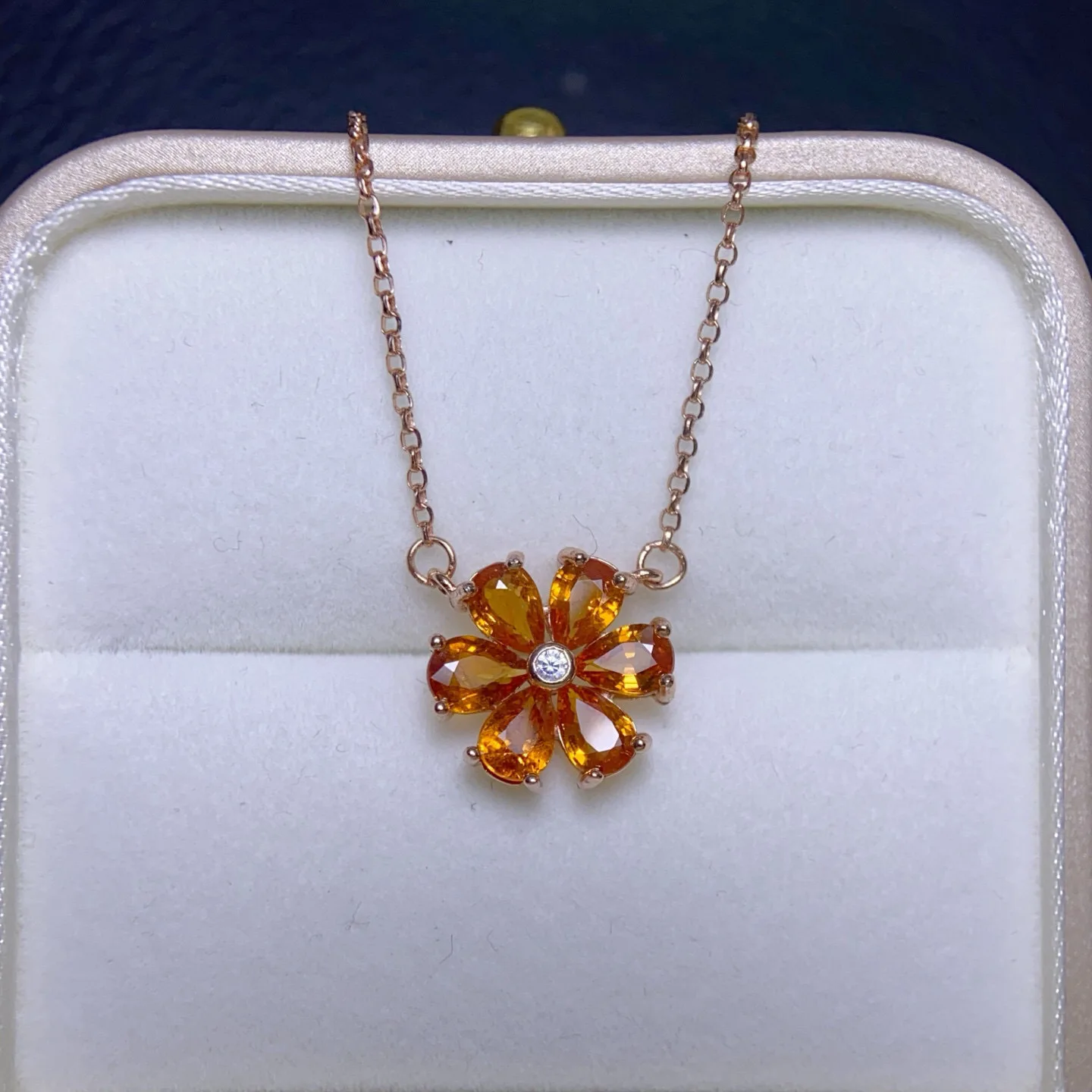 

4*6mm Natural Fanta Stone Flower Necklace 925 Sterling Silver Fine Crafted High Clarity Orange Gemstone Pendant Necklace