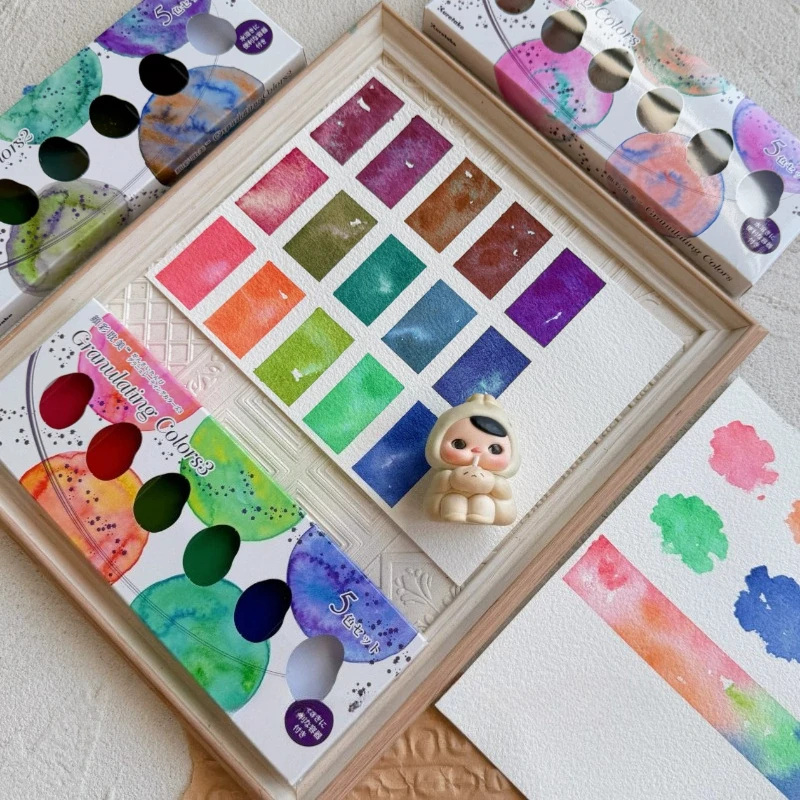 Kuretake Gansai Tambi 5 Colors Granulating Solid Watercolor Paint Set Layer Separation Sediment Effect Pigment Art Supplies