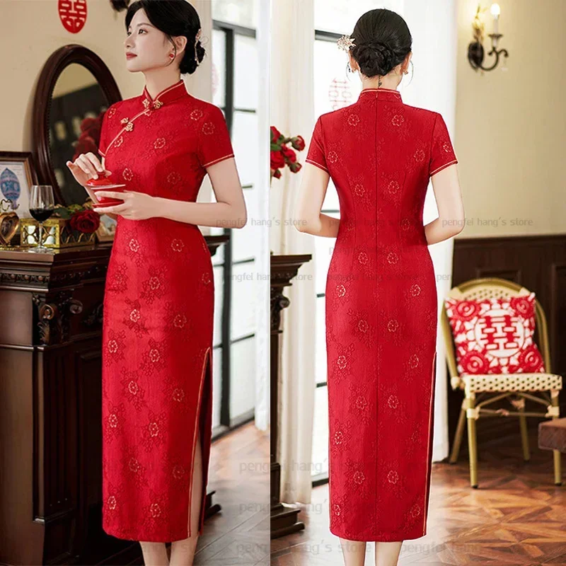 

2025Новое красное элегантное женское платье Cheongsam в китайском стиле, платье для свадебной вечеринки, кружевное Ципао с цветочным принтом, большие размеры 3Xl 4Xl