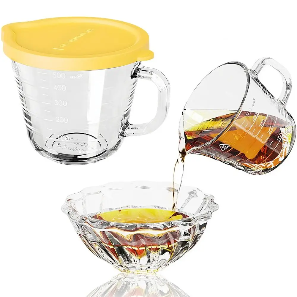 Transparent Glass Cooking Cup with Clear Scale Leak-proof Fresh Keeping Bowl with Lids Heat-resistant Measuring Jugs with Handle