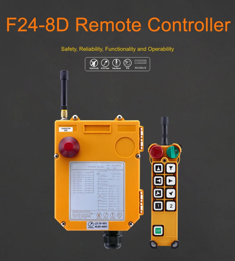 F24-8D 315MHz Waterproof Push Button Switch Industrial Hoist Crane Remote Control With 100m Range And AAA Battery