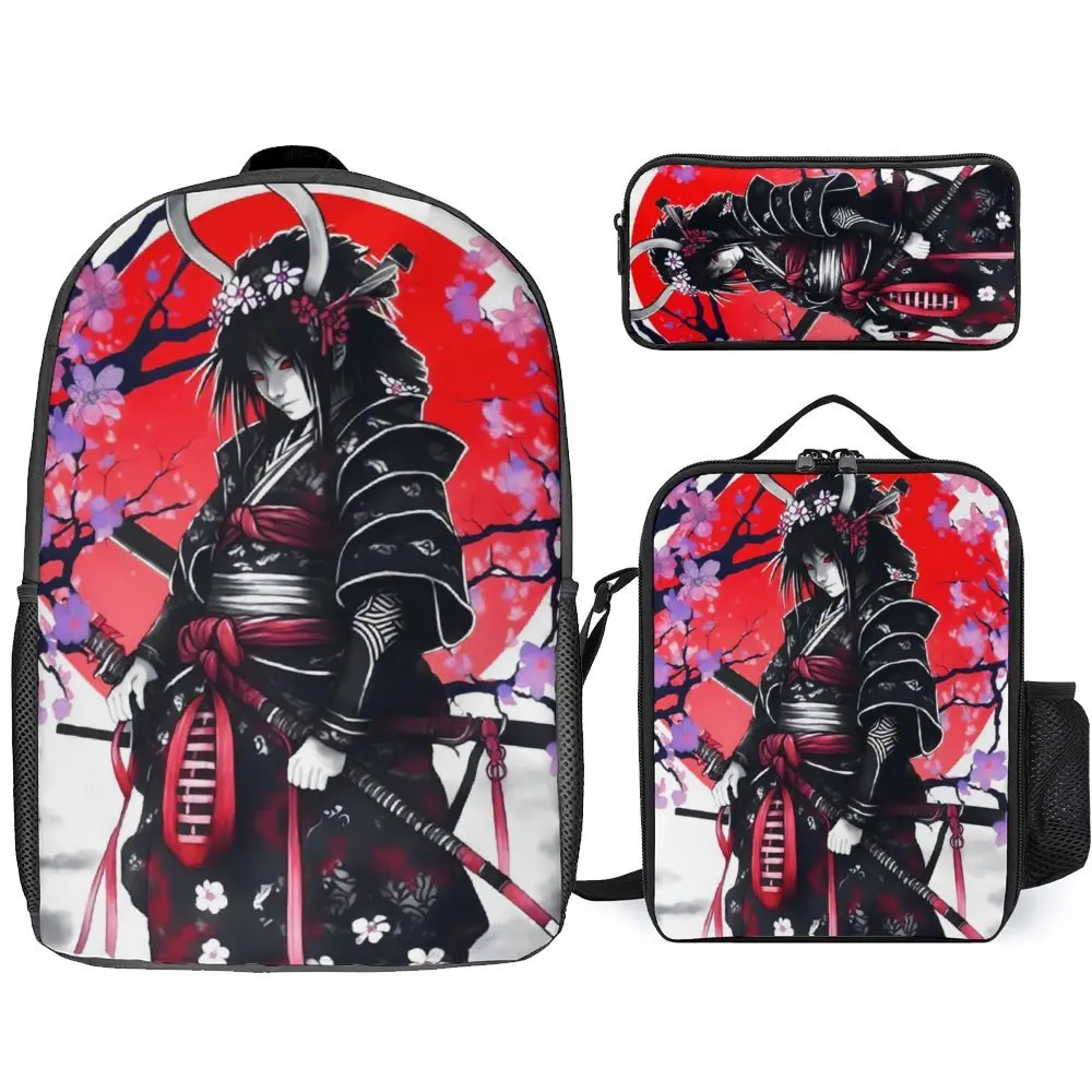 

3 in 1 Set 17 Inch Backpack Lunch Bag Pen Bag Samurai Demon Cherry Blossom For Sale Yokai Firm Blanket Roll Comfortable Travel G