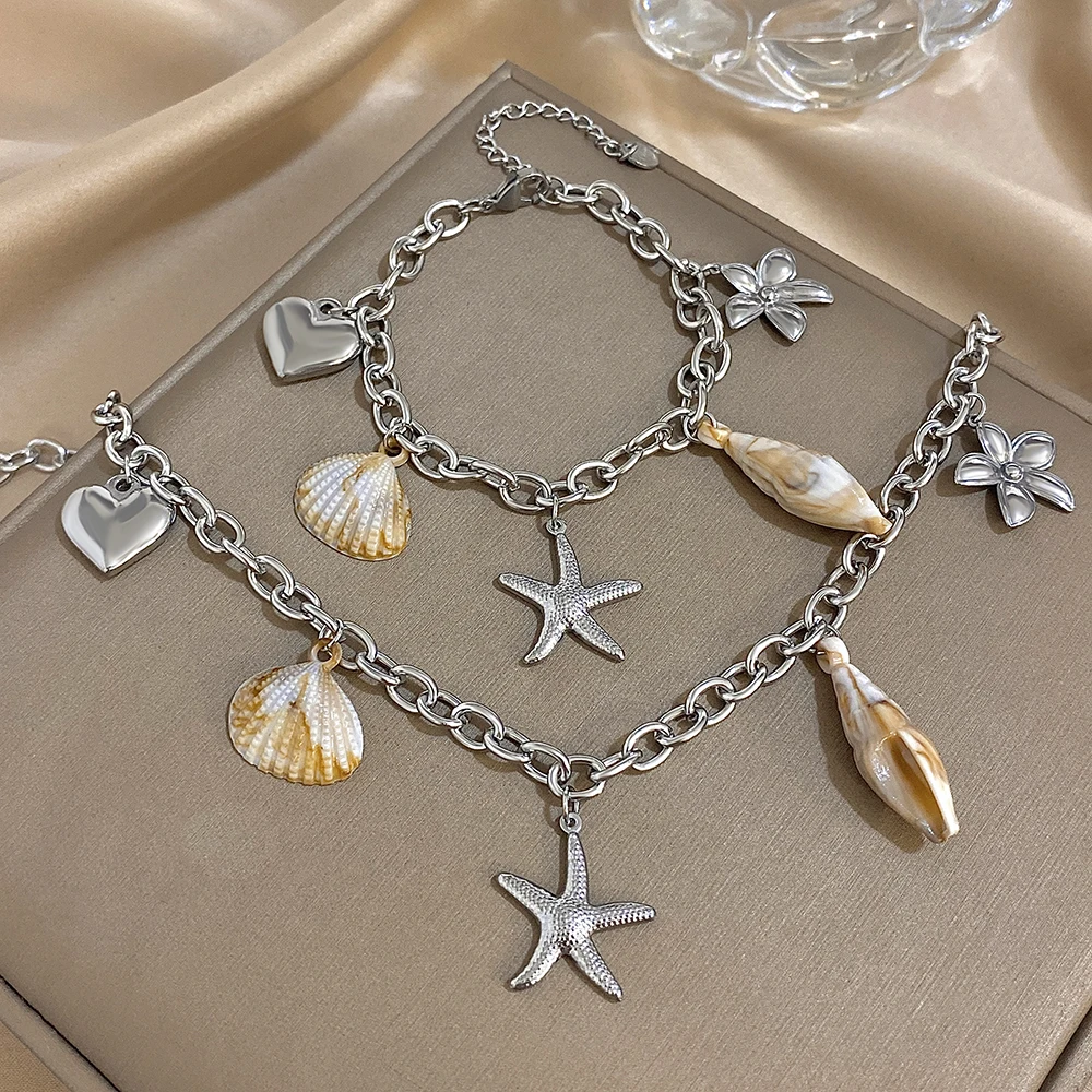 

DODOHAO Silver Color Starfish Shell Jewelry Sets Pendant Necklaces Charms Bracelets Ocean Style For Women Stainess Steel Jewelry